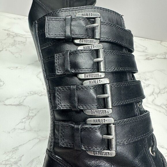 Harley Davidson Ladies Black Leather Boots Size 6 Mid Calf Buckles Zip Lace Up - Picture 8 of 16